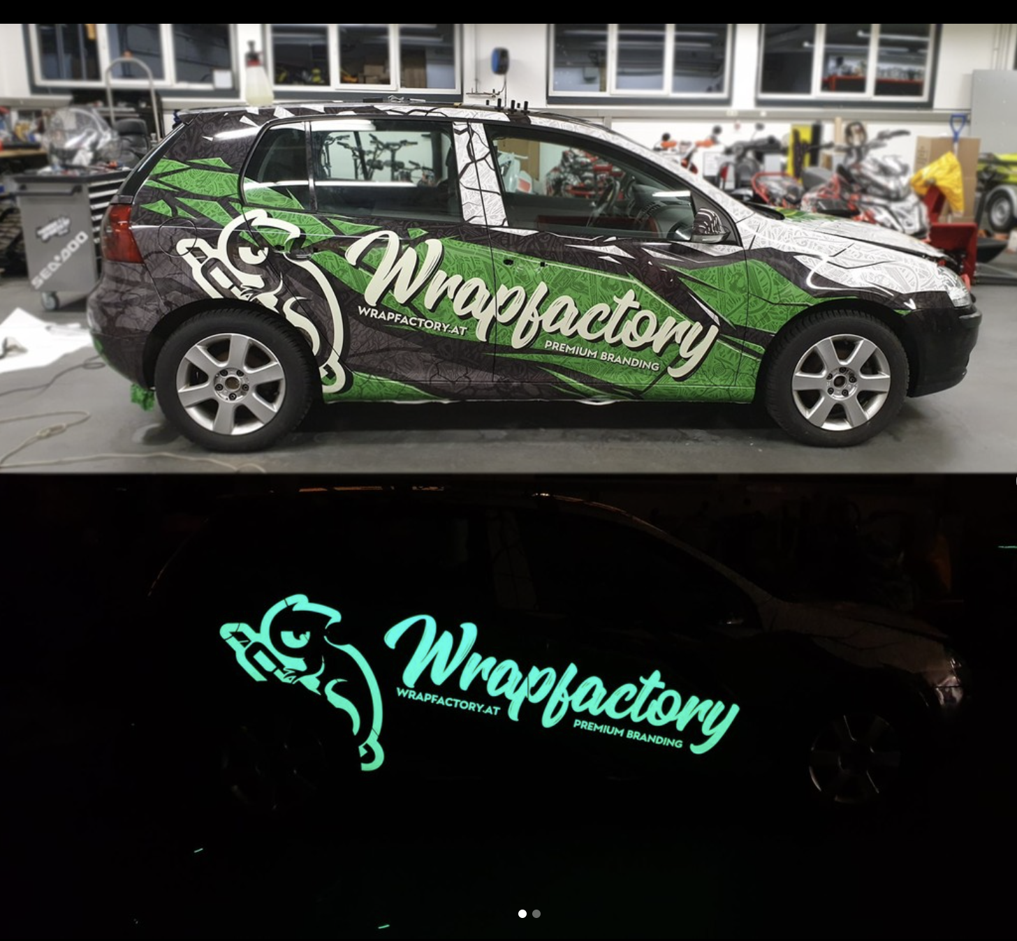 Ein foliertes Auto mit Wrapfactory Werbung