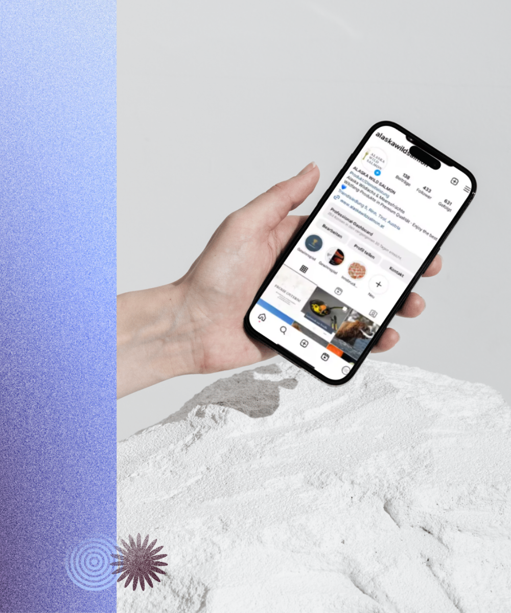 Eine Hand die ein Handy hält mit dem Instagramprofil von Alaska Wild Salmon